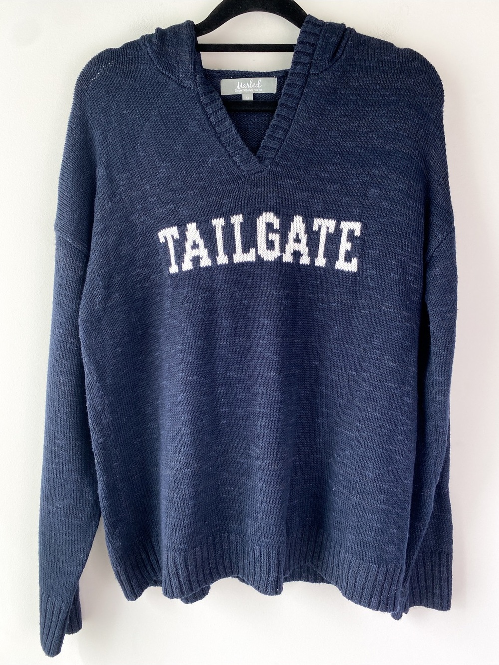 Marled Womens Tailgate Graphic Knit Hoodie M Navy Preppy Coastal Ivy Academia